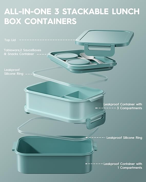 Three tier stackable food container for organized meal storage