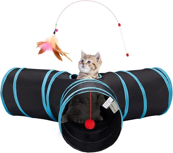 Collapsible 3-Way Cat Tunnel with Peek Hole and Toy Ball for Indoor Cats