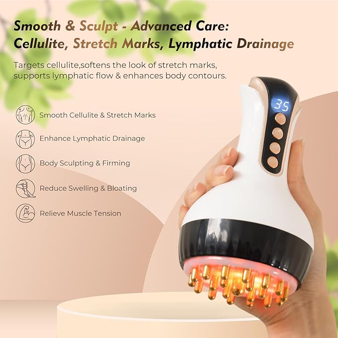 The 35-Speed Lymphatic Drainage Massager in use, demonstrating the vibration mode for lymphatic drainage and cellulite reduction