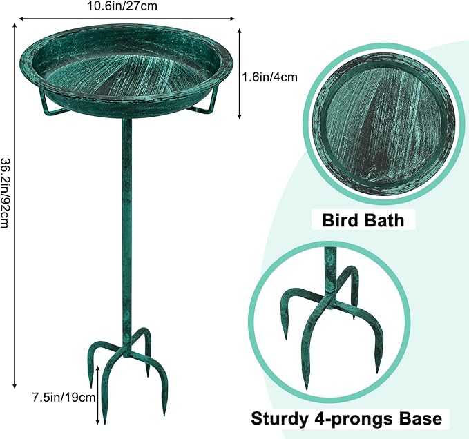 36.2 inch standing metal bird bath with bowl, suitable for garden, patio, yard, and lawn use.