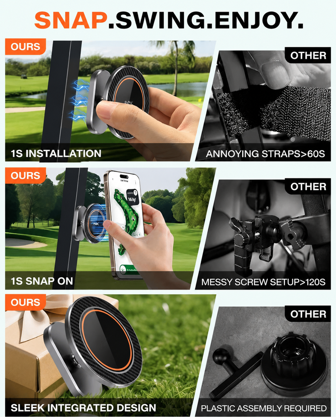 Golf cart phone holder with 360 degree rotating design for adjustable viewing angles
