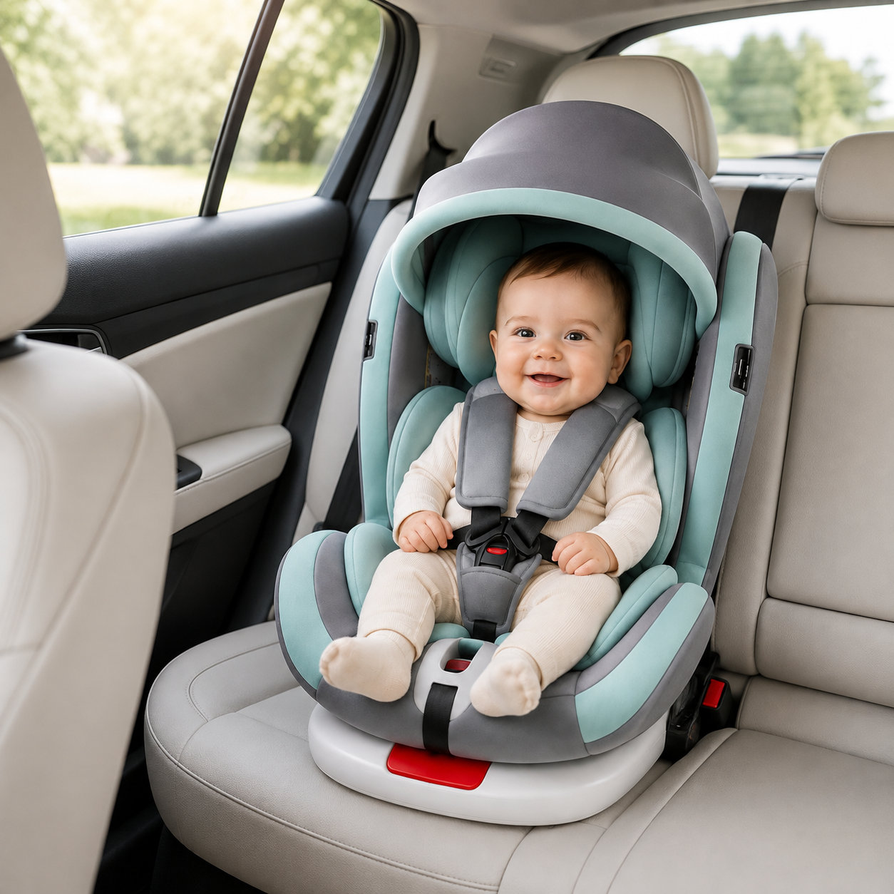 360 swivel baby car seat installed in vehicle