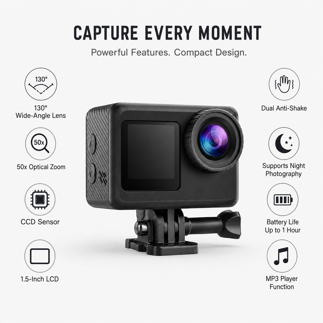 Sports action camera with 360 degree wide view support
