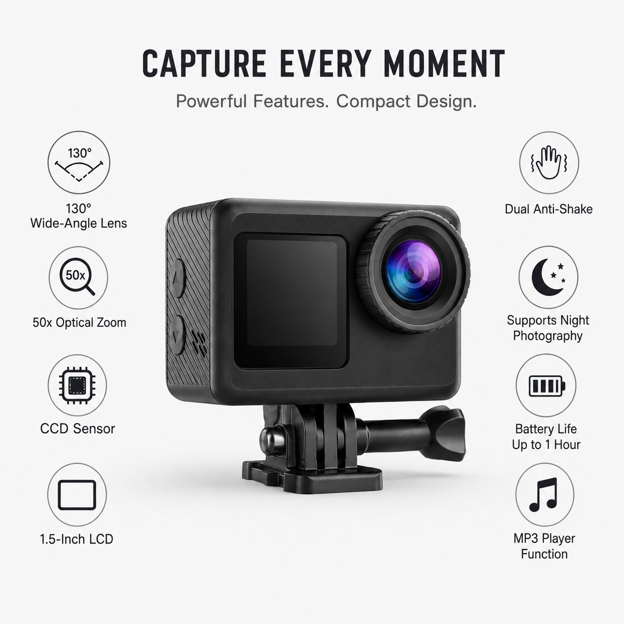 Sports action camera with 360 degree wide view support