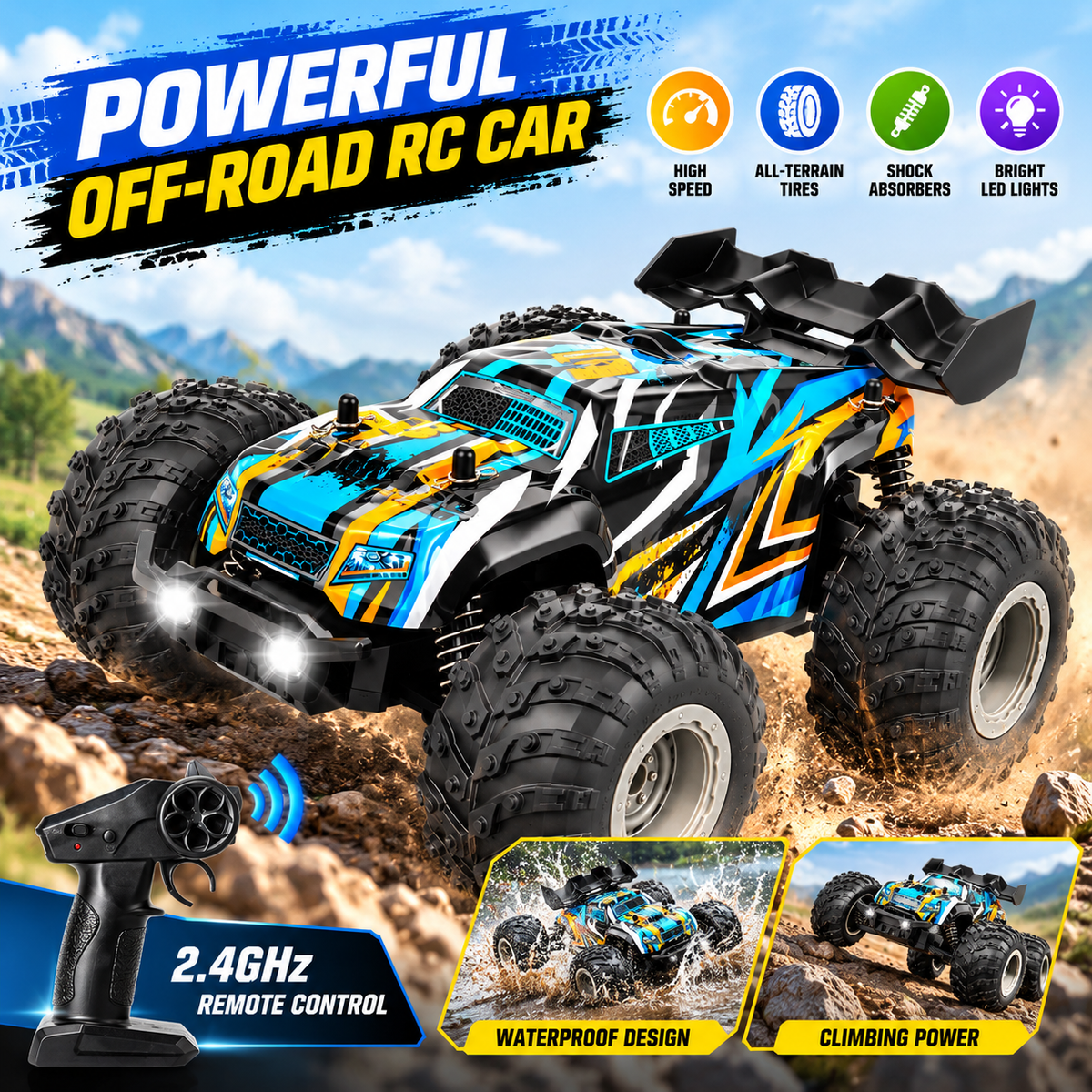 RC Cars 1:18 Scale – Off Road Remote Control Car with Lights, Big Wheel RC Monster Truck, Remote Control Toy Car for Kids