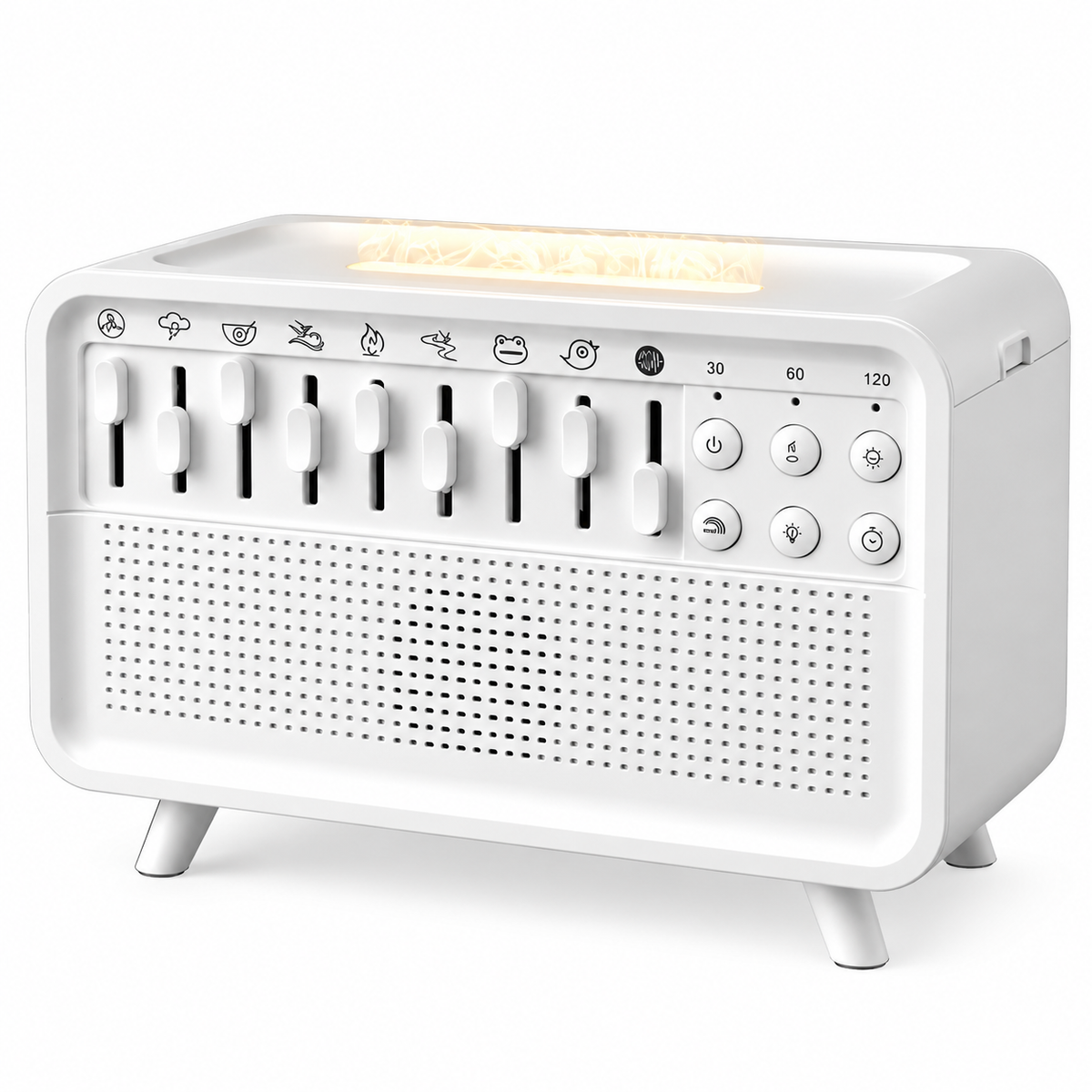 Multifunctional white noise sound machine with humidifier, diffuser, Bluetooth speaker and night light features.