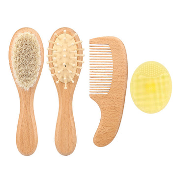 4-piece baby brush and comb set with natural wooden handle and ultra-soft goat hair bristles