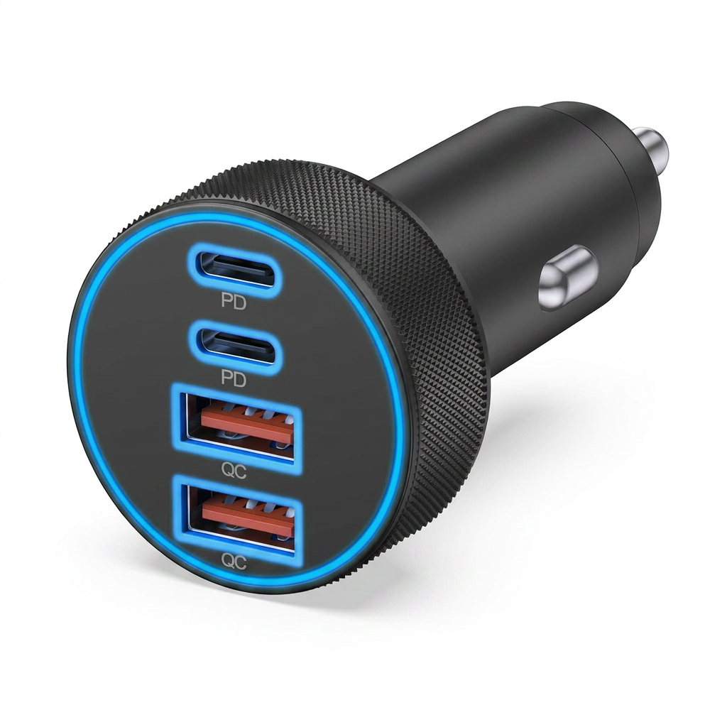 4 port USB C car charger 90W fast charging adapter