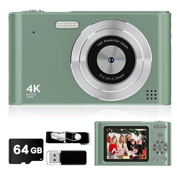 44MP digital camera front view showing lens and buttons, compact for kids and beginners