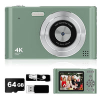 44MP digital camera front view showing lens and buttons, compact for kids and beginners