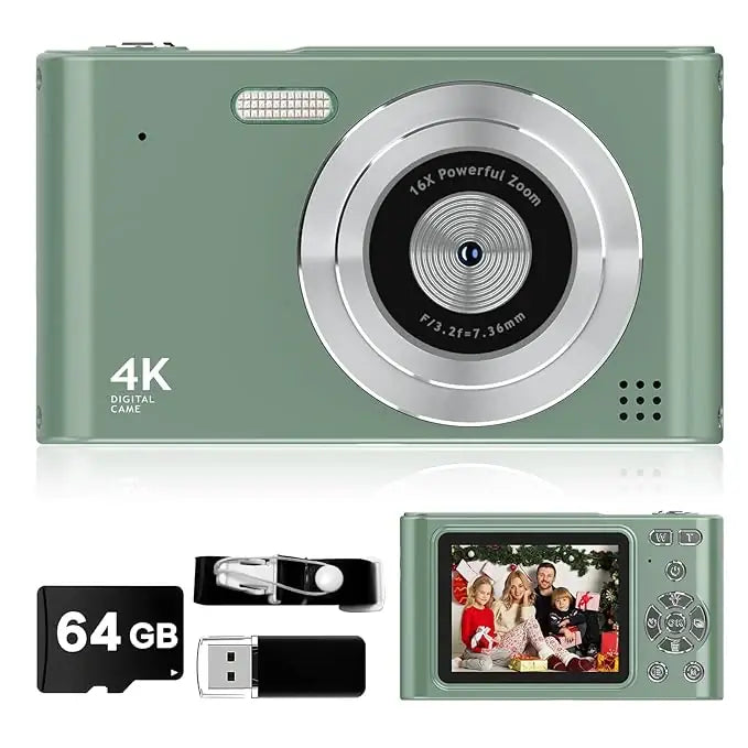 44MP digital camera front view showing lens and buttons, compact for kids and beginners