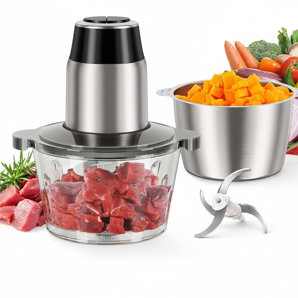 450W electric food processor with glass and stainless steel bowls