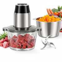 450W electric food processor with glass and stainless steel bowls