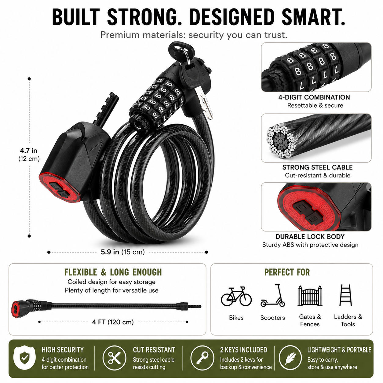 Bicycle Lock, Bike Lock, Cycling Lock, Cable Bike Lock, Combination Bike Lock, Bicycle Lock Cable, Bike Cable Lock with Five-Digit Combination and Thick Steel Cable