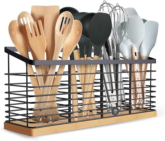 4 compartment kitchen utensil holder with matte black metal body and wooden base