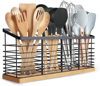 4 compartment kitchen utensil holder with matte black metal body and wooden base