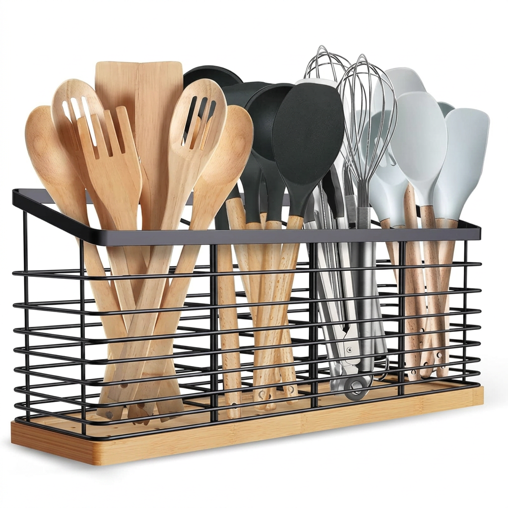 4 compartment kitchen utensil holder with matte black metal body and wooden base