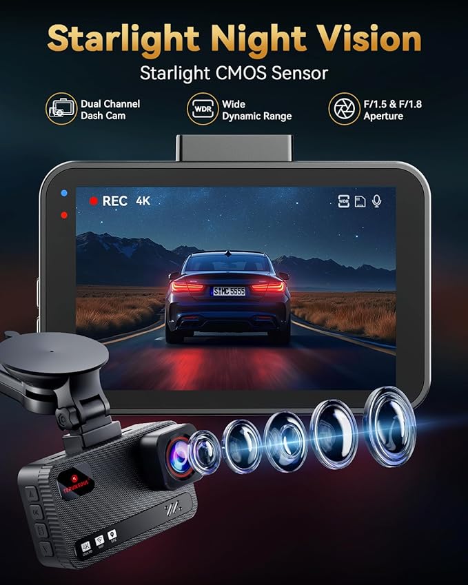4K+4K Dash Cam with Built-In GPS, Tracks Speed and Route During Drives