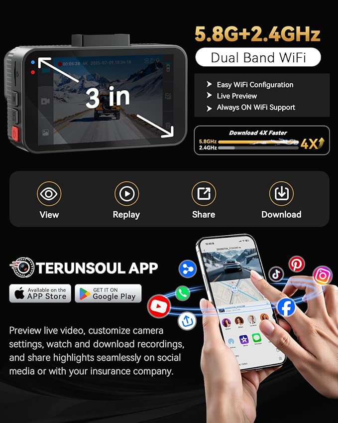 4K+4K Dash Cam Rear Camera, 4K Resolution with 170° Wide Angle for Rear View