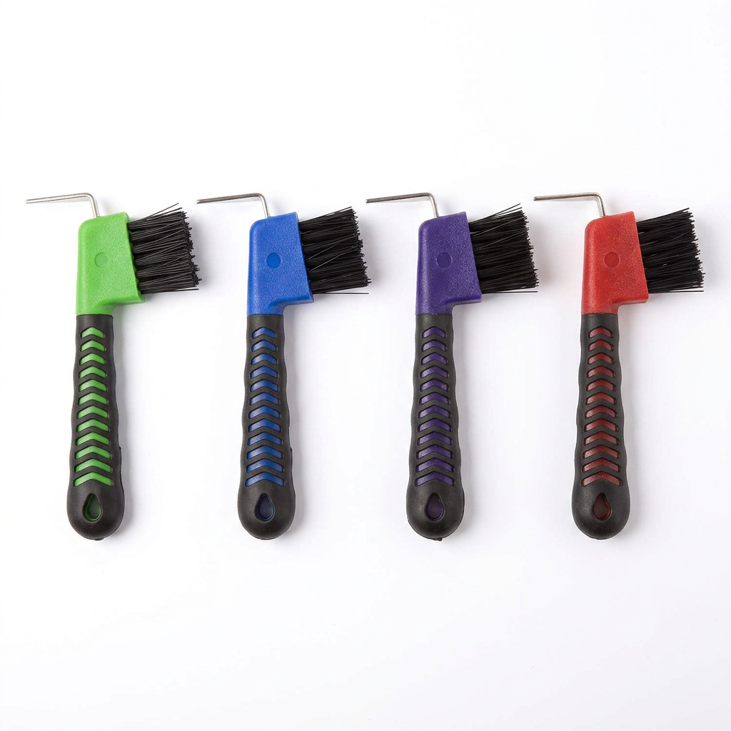 4Pcs Horse Hoof Pick Brushes with Soft Touch Rubber Handle – Ergonomic Grooming Tool Set