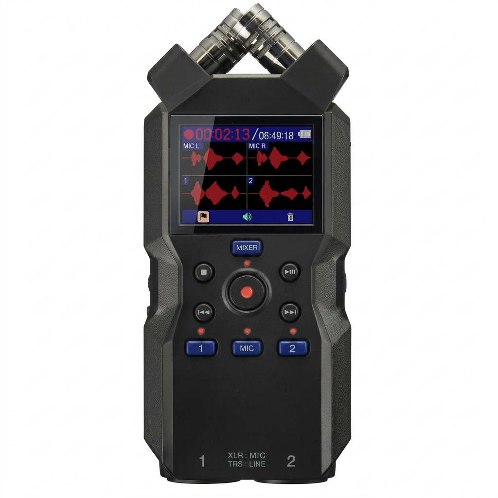 4-track handheld audio recorder front view with control buttons
