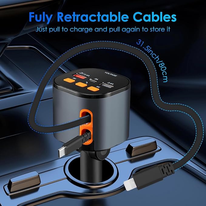 5 In 1 Fast Car Phone Charger With Retractable Cables