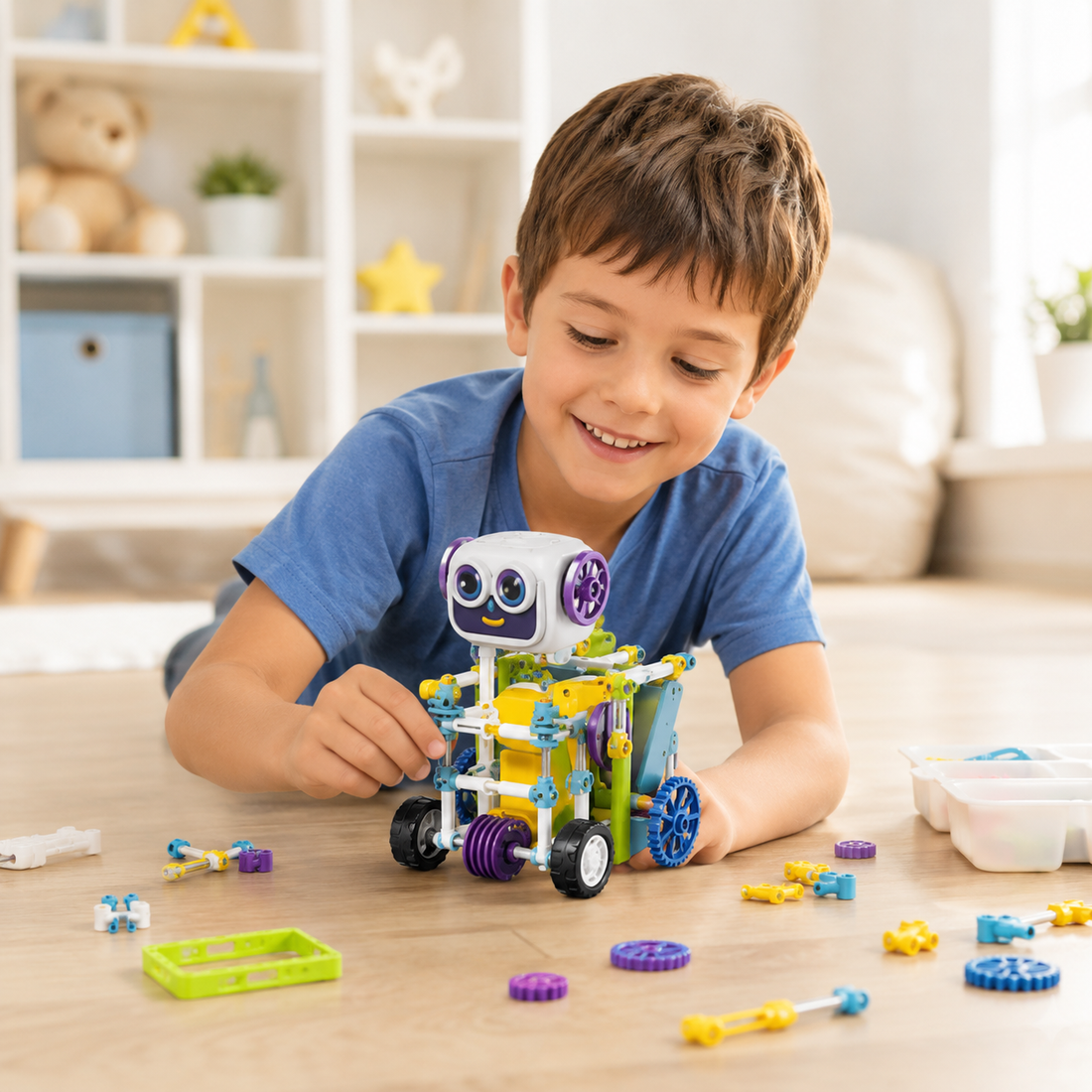 5 in 1 STEM robot kit infographic showing box contents, building parts and model options