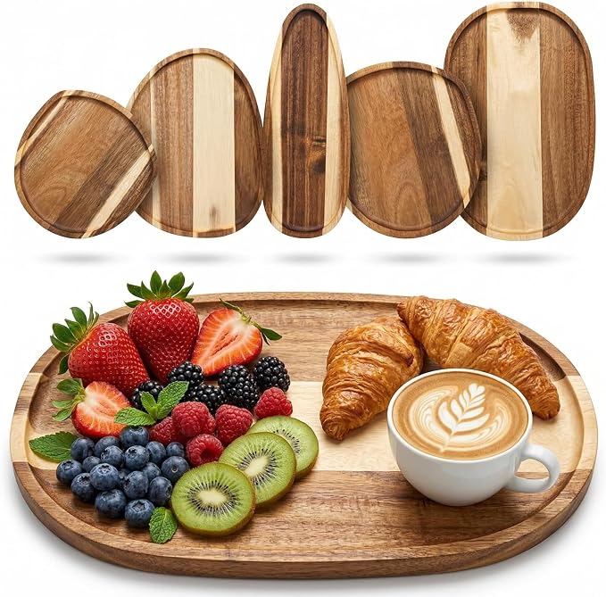 Five piece natural acacia wood serving tray set