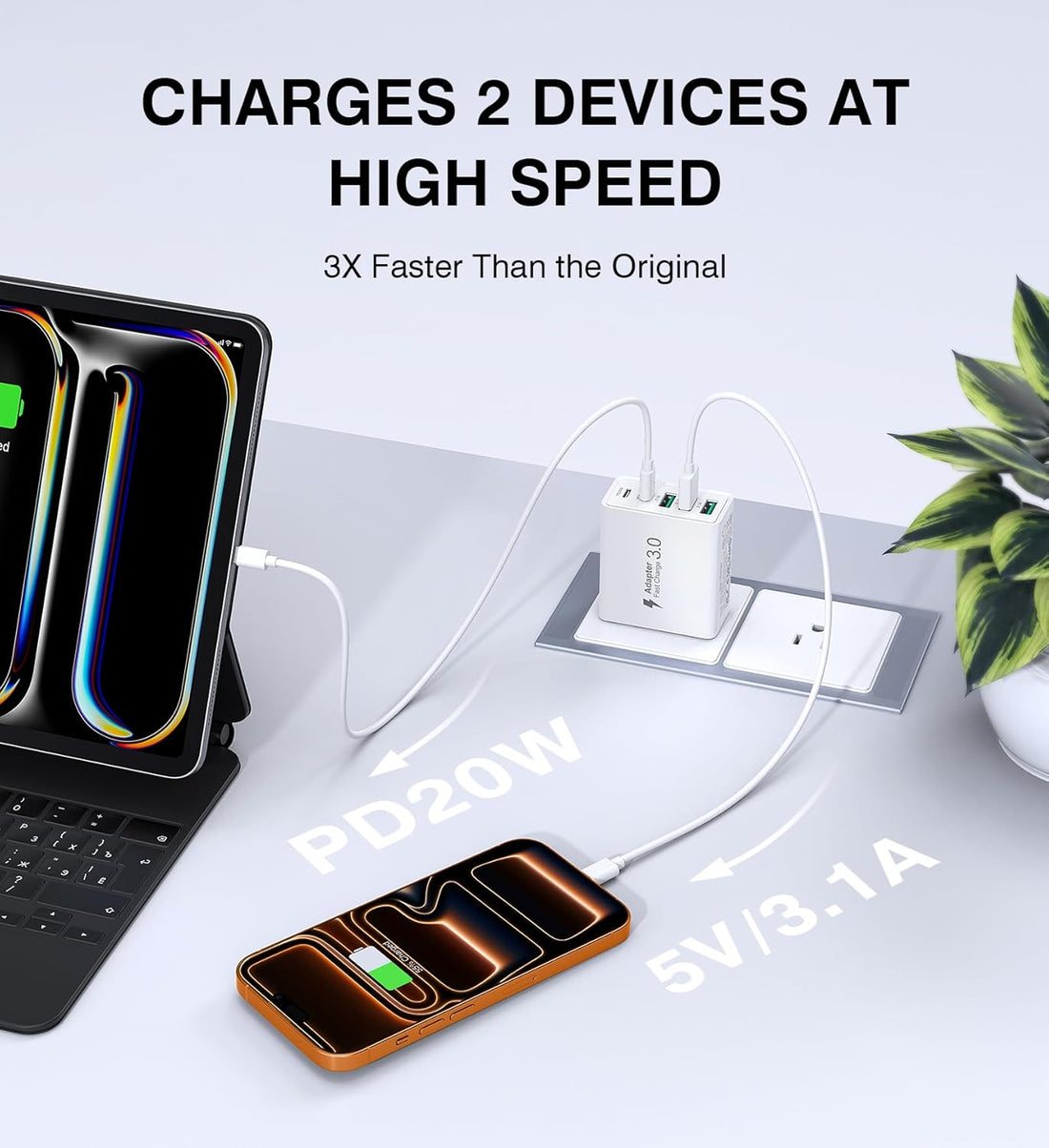 5 port USB charger with 2 USB C and 3 USB A ports