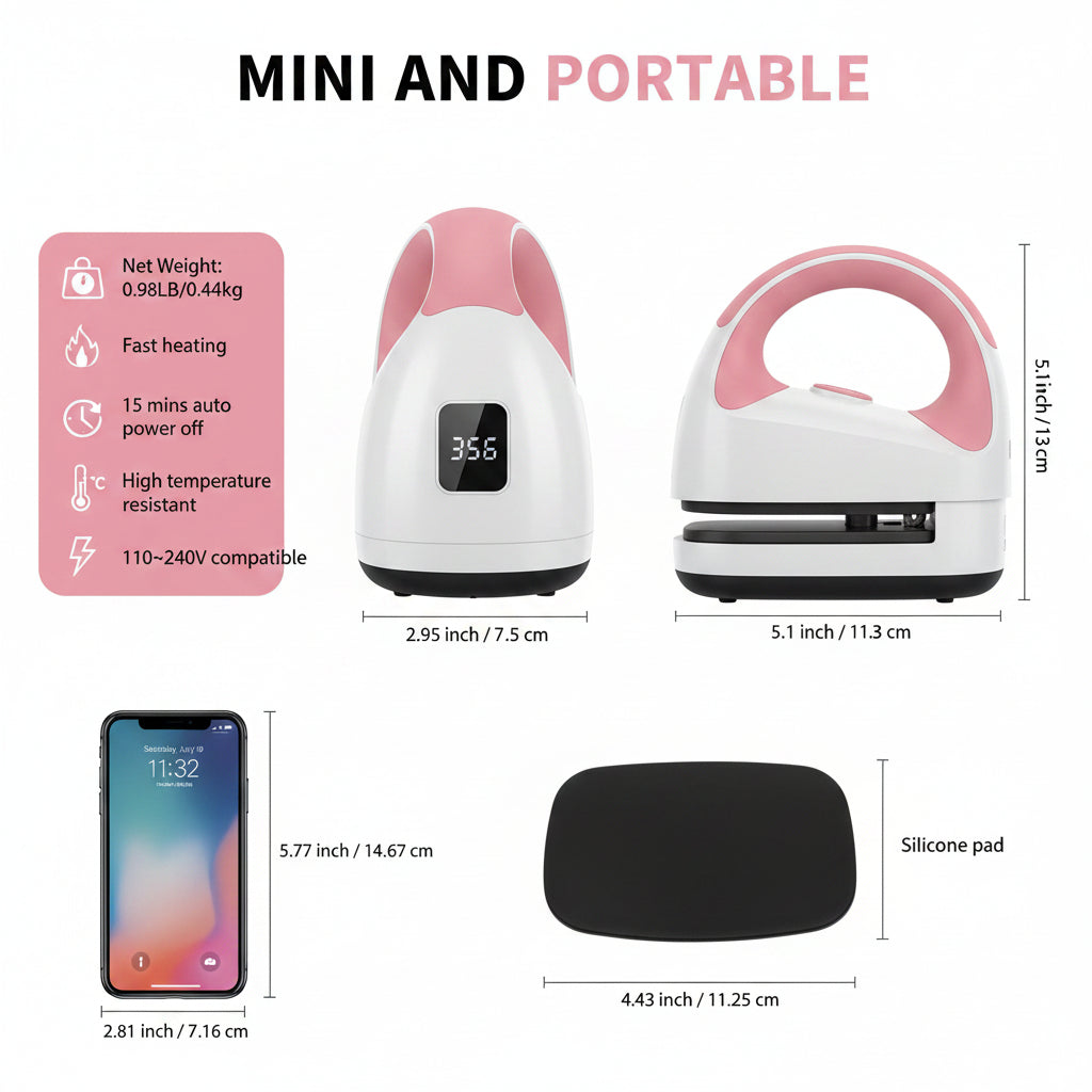 Mini heat press machine positioned on insulated base