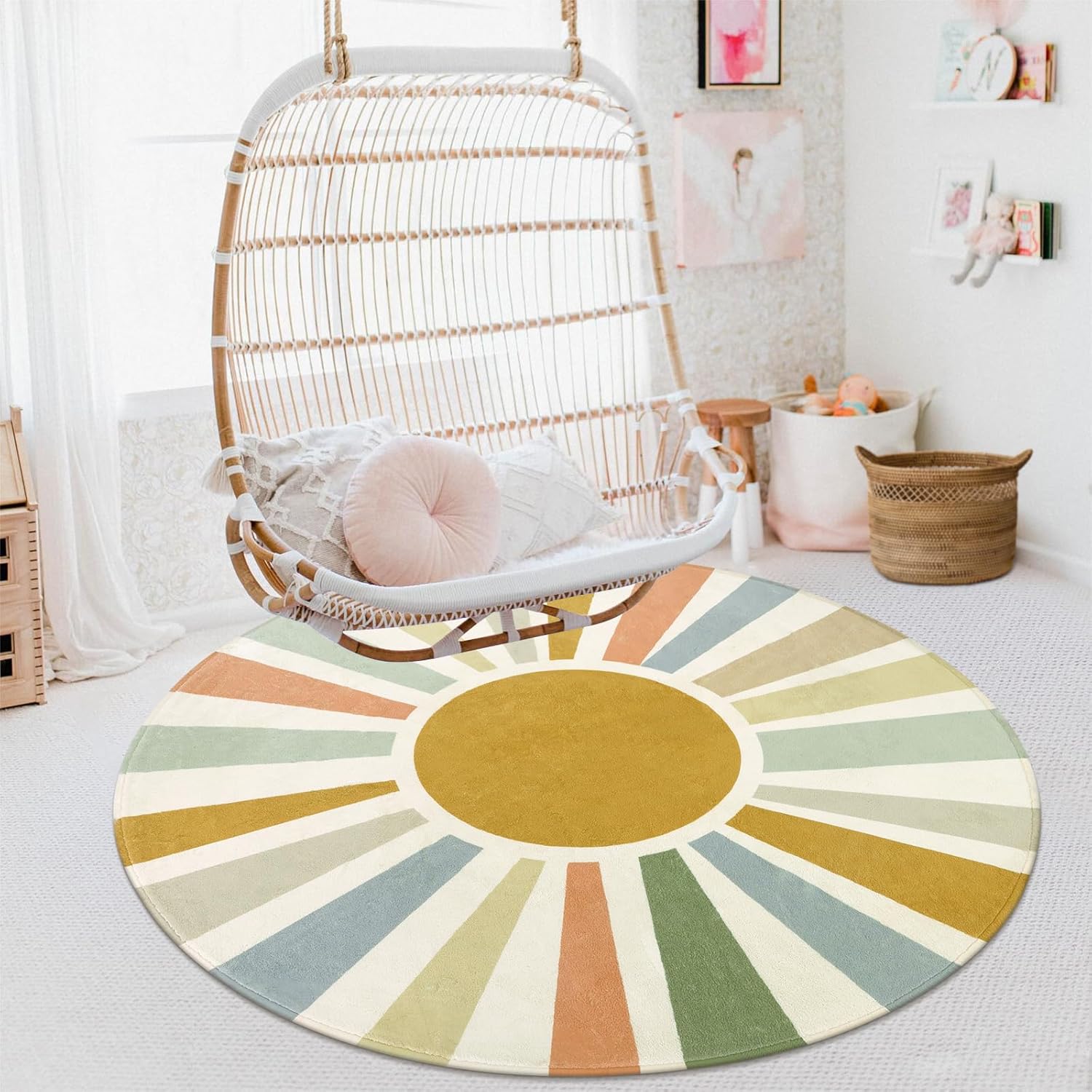 Colorful rainbow rug for living room seating area