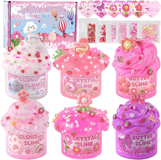 6 pack cloud slime kit for kids with pink non-sticky slime