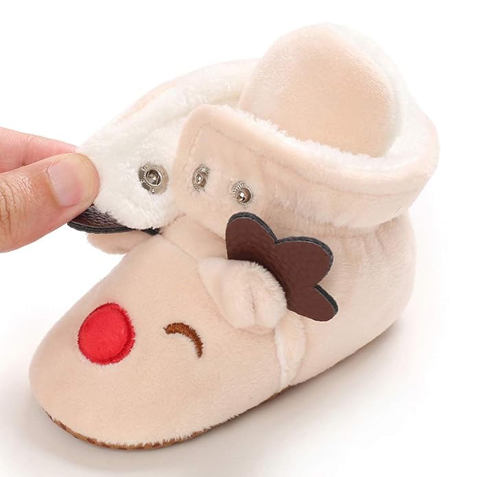 Reindeer Baby Booties – Cream Plush Infant Crib Shoes with Fluffy Ankle Cuffs, Adorable Winter Footwear for Babies