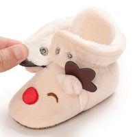 Reindeer Baby Booties – Cream Plush Infant Crib Shoes with Fluffy Ankle Cuffs, Adorable Winter Footwear for Babies