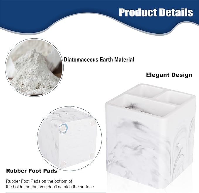 Toothbrush Holder for Bathroom Countertop – 3 Slot Electric Toothbrush & Toothpaste Organizer, Marble White Vanity Storage Cup for Shower & Sink