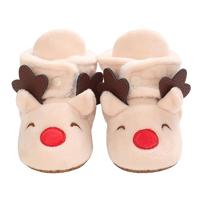 Reindeer Baby Booties – Cream Plush Infant Crib Shoes with Fluffy Ankle Cuffs, Adorable Winter Footwear for Babies