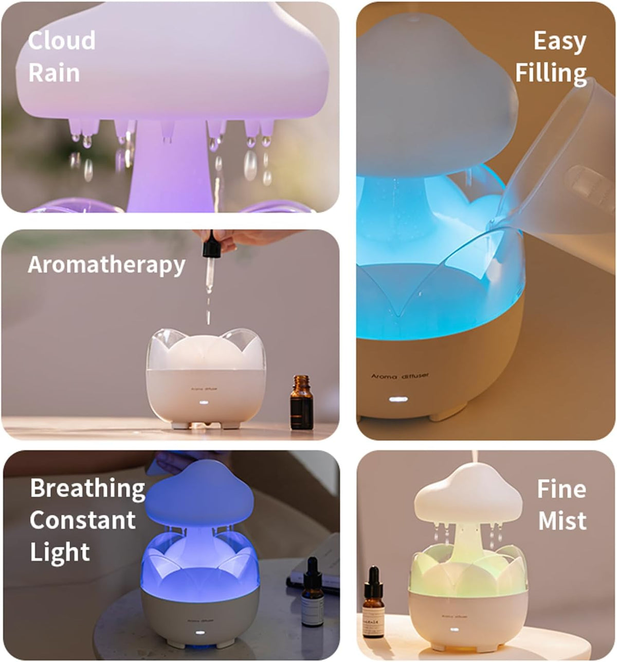 Portable Raindrop Room Humidifier with 230ml Capacity and Night Light Design