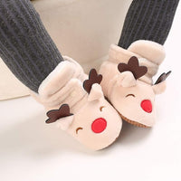 Reindeer Baby Booties – Cream Plush Infant Crib Shoes with Fluffy Ankle Cuffs, Adorable Winter Footwear for Babies