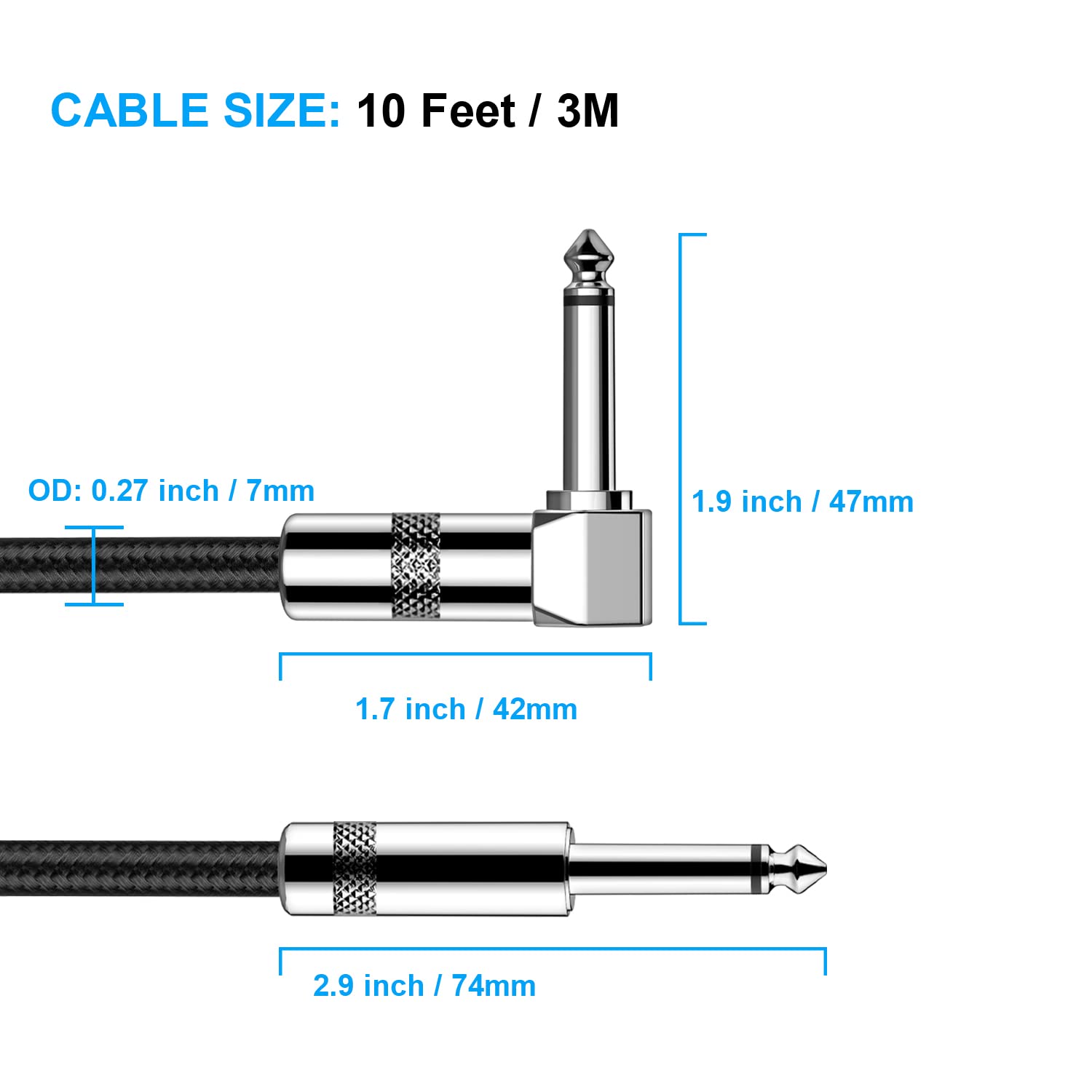 New Bee Guitar Cable 10FT Right Angle to Straight Instrument Cable Electric Guitar Bass AMP Cord Black-2 PACK