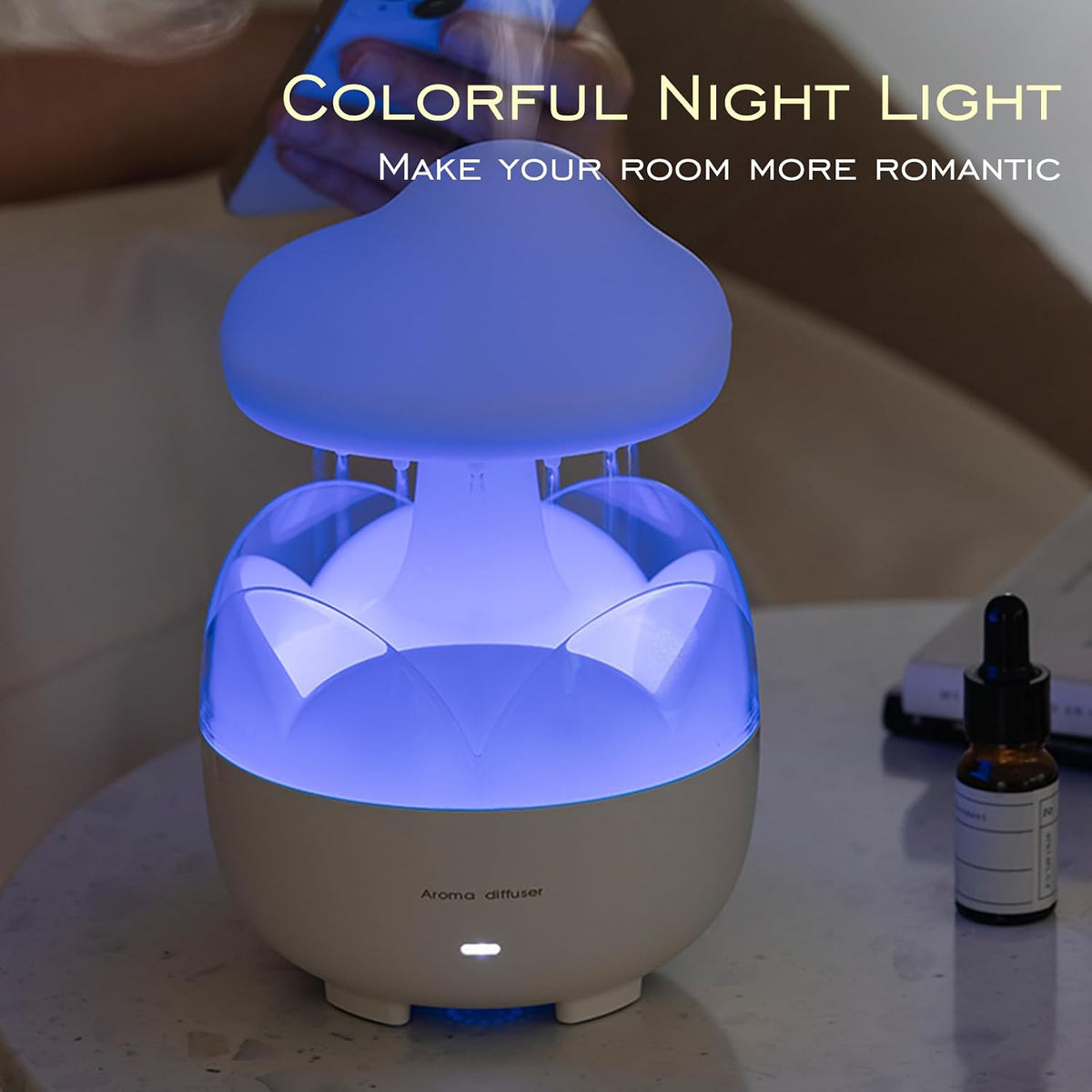 Portable Raindrop Room Humidifier with 230ml Capacity and Night Light Design