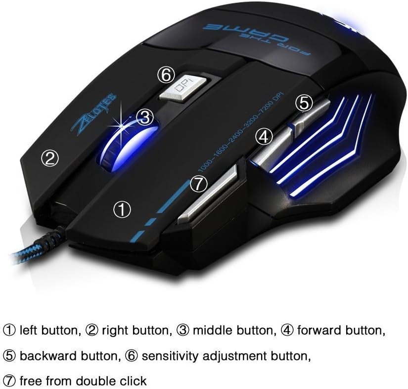 Zelotes 7200 DPI Wired Gaming Mouse with 7 Buttons – LED Optical USB Ergonomic Mouse for PC & Laptop
