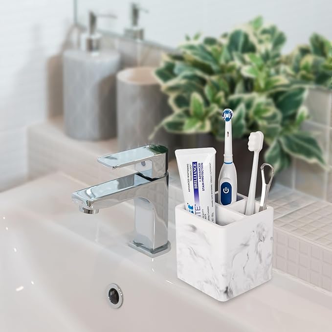Toothbrush Holder for Bathroom Countertop – 3 Slot Electric Toothbrush & Toothpaste Organizer, Marble White Vanity Storage Cup for Shower & Sink