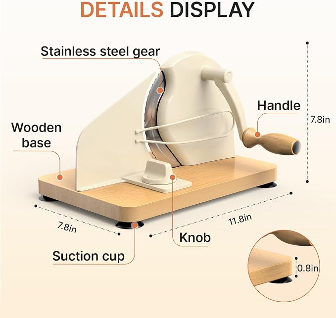Manual Bread Slicer with Adjustable Thickness, Stainless Steel Blade and Solid Wood Base