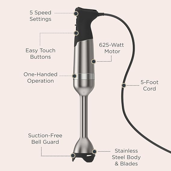 Stainless Steel Immersion Blender for Smoothies & Soups