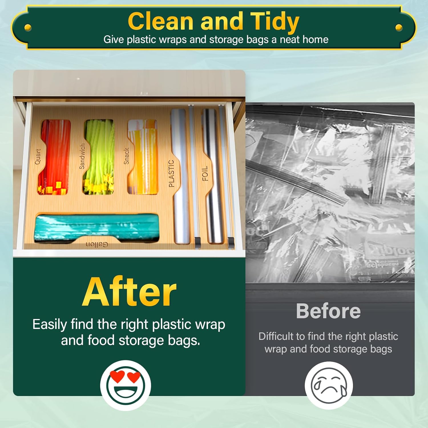 6 in 1 kitchen organizer for food bags, foil rolls, and wrap rolls.