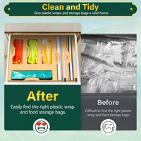 6 in 1 kitchen organizer for food bags, foil rolls, and wrap rolls.