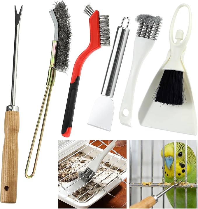 6-piece stainless steel bird cage cleaning brush kit for small, medium, and large cages