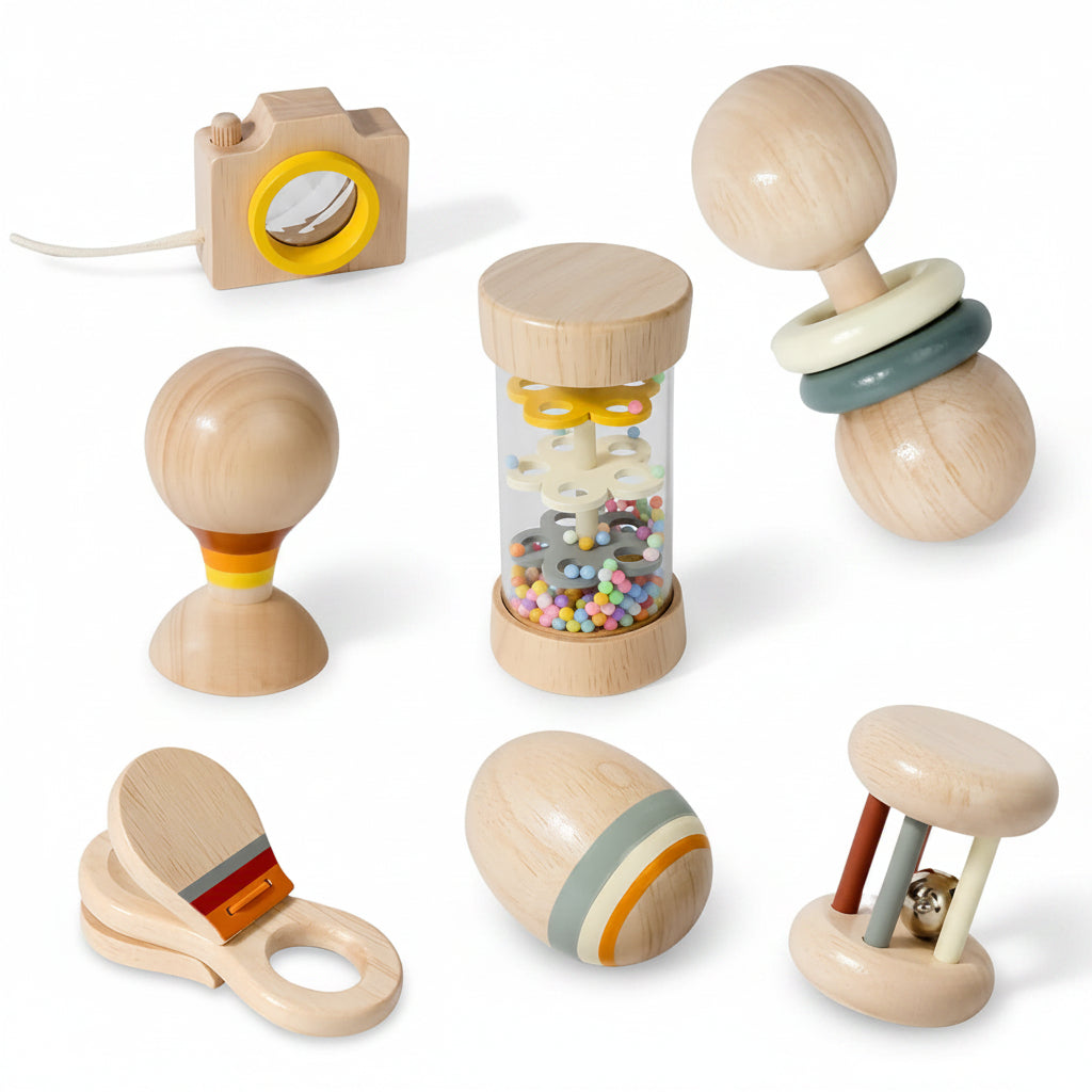 Seven-piece colorful wooden baby rattle and sensory toy set