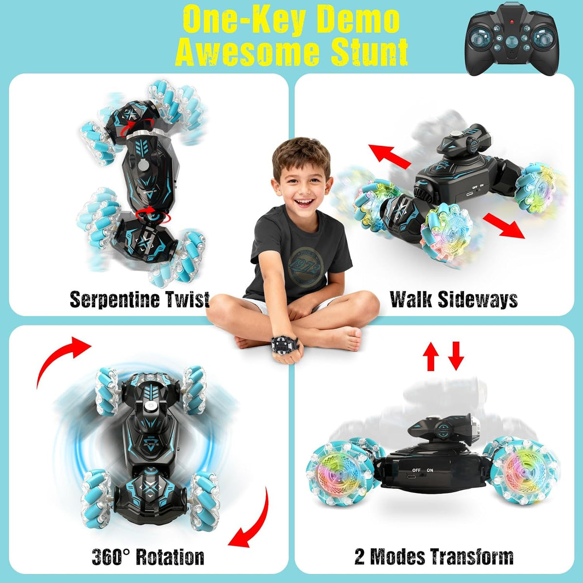 RC Car for Boys 6–12 – Gesture Sensing Remote Control Car, RC Cars Toys for Boys, 4WD Stunt Car, Hand Controlled Twist & Transform Car, 360° Spin Toy Car with Mist, Light & Music