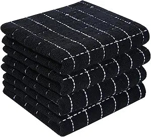 100% Cotton Terry Kitchen Towels 4 Pack – Black Checkered Dish Towels, Soft Super Absorbent Kitchen Hand Towels, 13 x 28 Inches